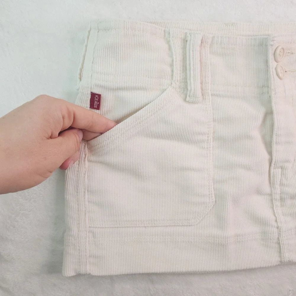 Vintage Y2K Hollister Cream Corduroy Micro Mini Skirt Size 0 W29 Ultra Low Rise